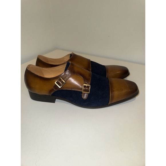 Carrucci Other - Carrucci Men's 13 Wingtip Double Monk Strap Shoes Two Tone Navy Brown Leather